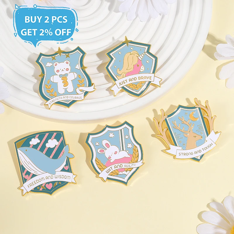 FREEDOM AND WISDOM Enamel Pins Animal Shield Protection Metal Brooches Lapel Badge Backpack Clothes Jewelry Gift for Friends