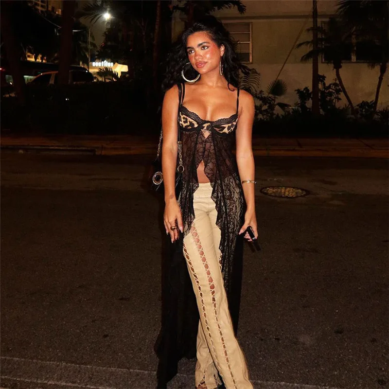 

Backless Sexy Women Camisole Leopard Mesh Patchwork Ruffles Sexy Club Party Midnight Hot Girls Wild Coquette Maxi Top