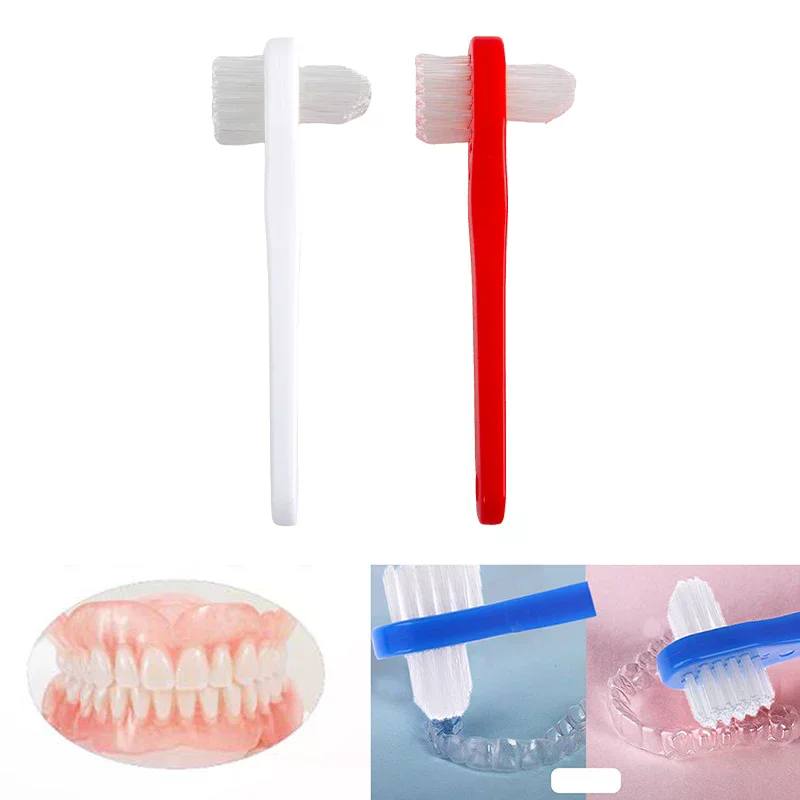 1Pc T-Shape Denture Dedicated Brush Orthodontic Toothbrush Dual Head False Teeth Brushes Cleaner Adult Student Teeth Whiteing
