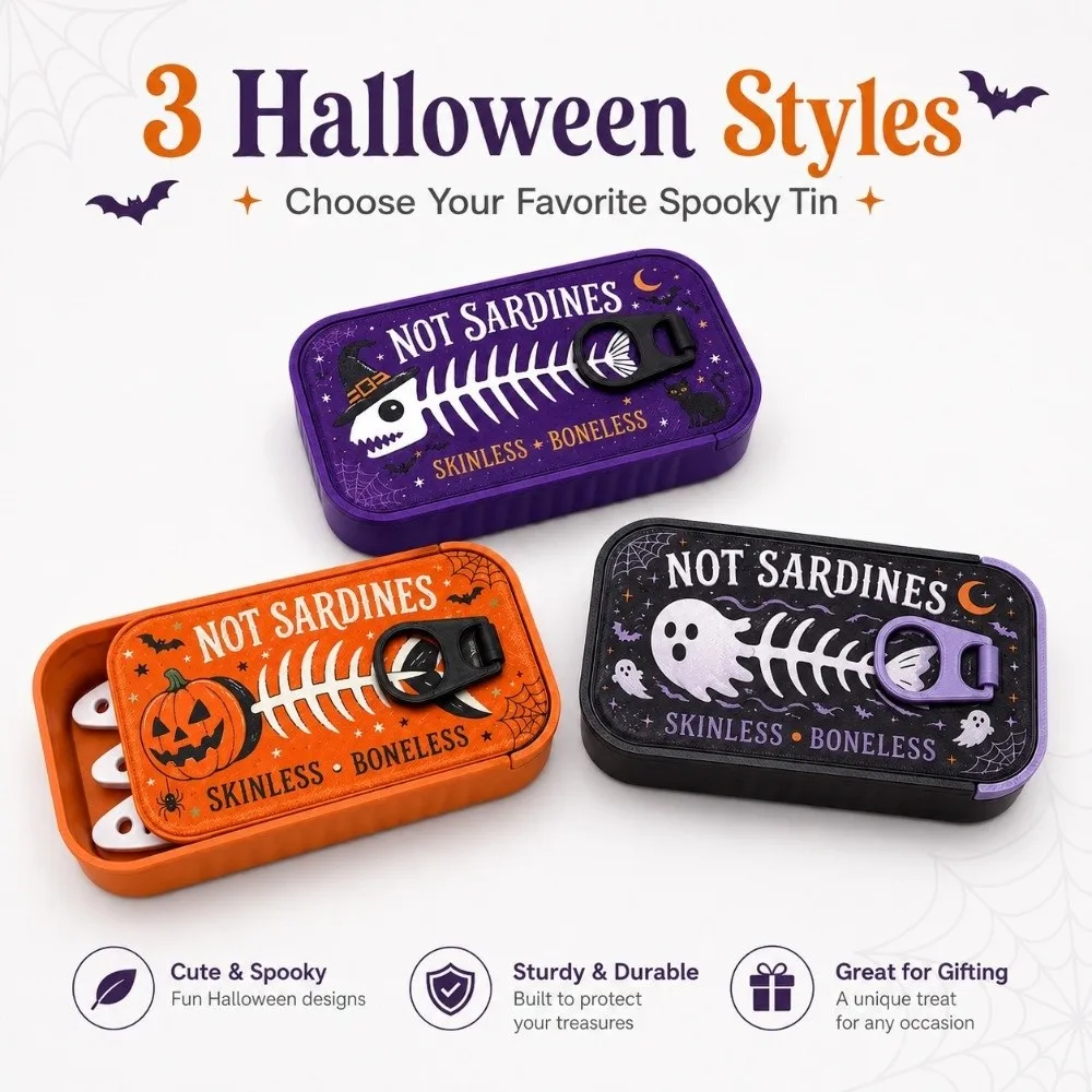 Fish Bone Insert Halloween Sardine Tin Jewelry Box Fish-Shaped Holders Gothic Pumpkin Ghost Trinket Box Shockproof Shell