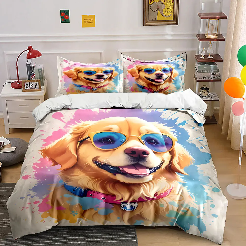 Golden retriever with colorful splashes Duvet Cover Set with 3D Printing Design Soft Polyester Bedding Set All-Season Comfort