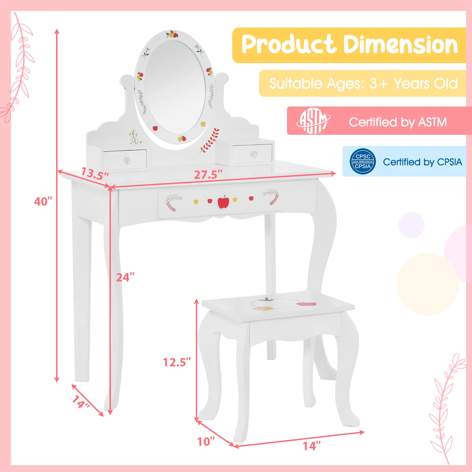 Kid Vanity Table Stool Set Dual-use Rotatable Mirror Whiteboard 4 Markers