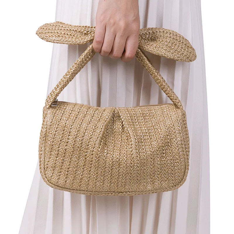 Cute Bow Handle Straw Bag Casual Weave Women Handbags Casual Summer Beach Bags Hobos Clutch Purses for Vacation Party 2024