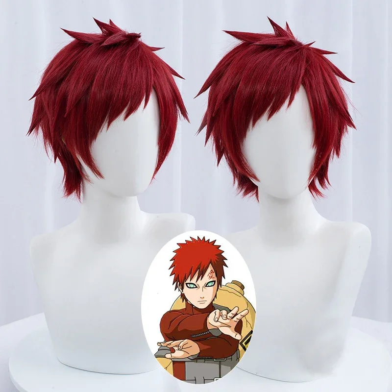 Men Short Dark Red Wig Anime Gaara Cosplay Wig Heat Resistant Synthetic Wigs Free Wig Cap