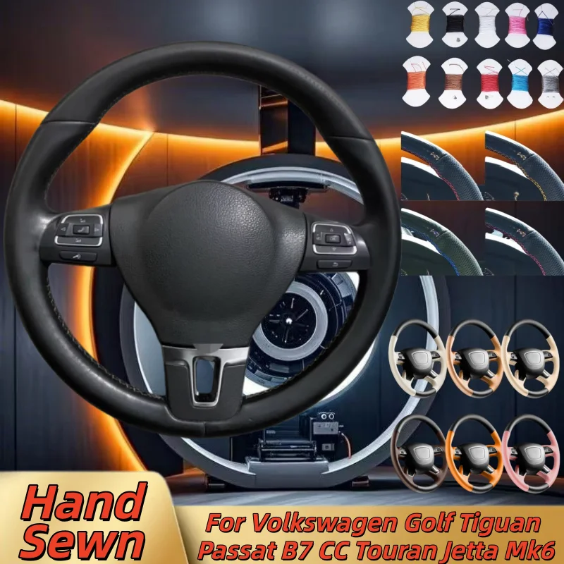 

Сшитый вручную кожаный чехол на руль автомобиля из микрофибры для Volkswagen Golf Tiguan Passat B7 CC Touran Jetta Mk6, аксессуары