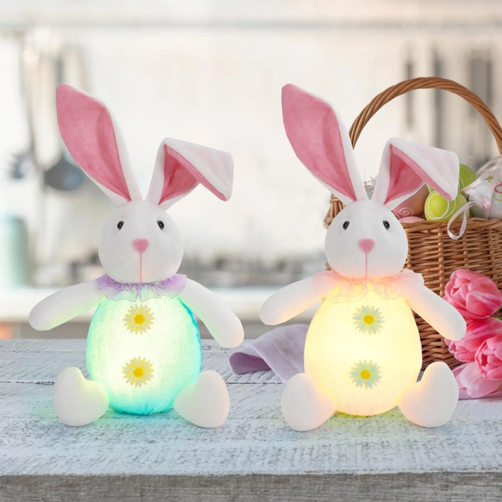 ตุ๊กตากระต่ายอีสเตอร์มีไฟ LED ของเล่นตุ๊กตากระต่ายนุ่มๆ ทำมือ ของตกแต่งโต๊ะทำงานสำหรับเด็ก