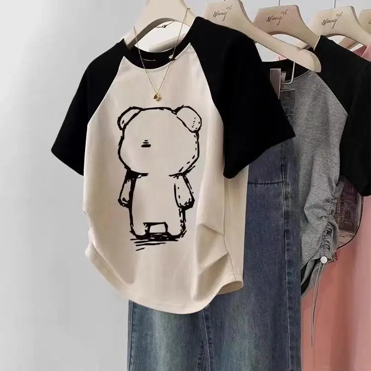 تي شيرت نسائي بأكمام قصيرة وياقة مستديرة بألوان متباينة، تصميم ضيق بطراز أمريكي عتيق، أزياء عصرية رائجة للشارع #4