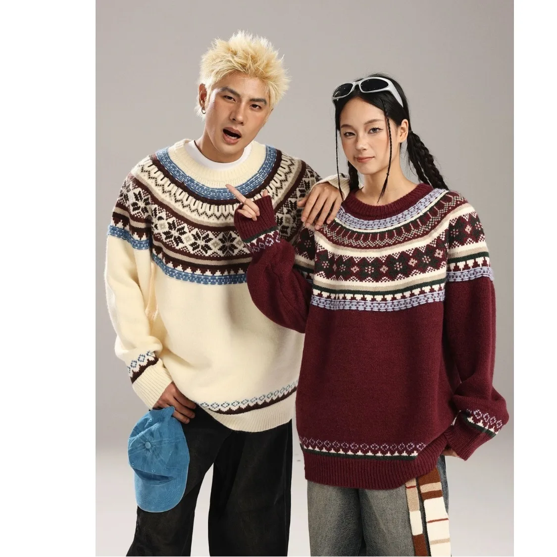 

Vintage Lazy Style Couple Round Neck Knitted Sweater Flower Pattern Long Sleeves Soft Knitted Sweater Men Casual Loose Pullover