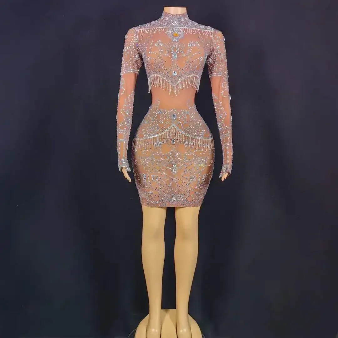 

Women Rhinestone Long Sleeve Fringe Crystals Evening Party Prom Birthday Las Vegas Show Short Dresses Luxury Stage Wears 2025new