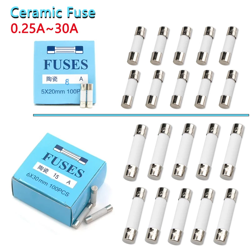 10pcs 5*20mm 6*30mm Fast Blow Tube Fuses 250V 0.5A 1A 2A 3A 4A 5A 6A 6.3A 8A 10A 15A 20A 25A 30A AMP Fuse Ceramic Fusible