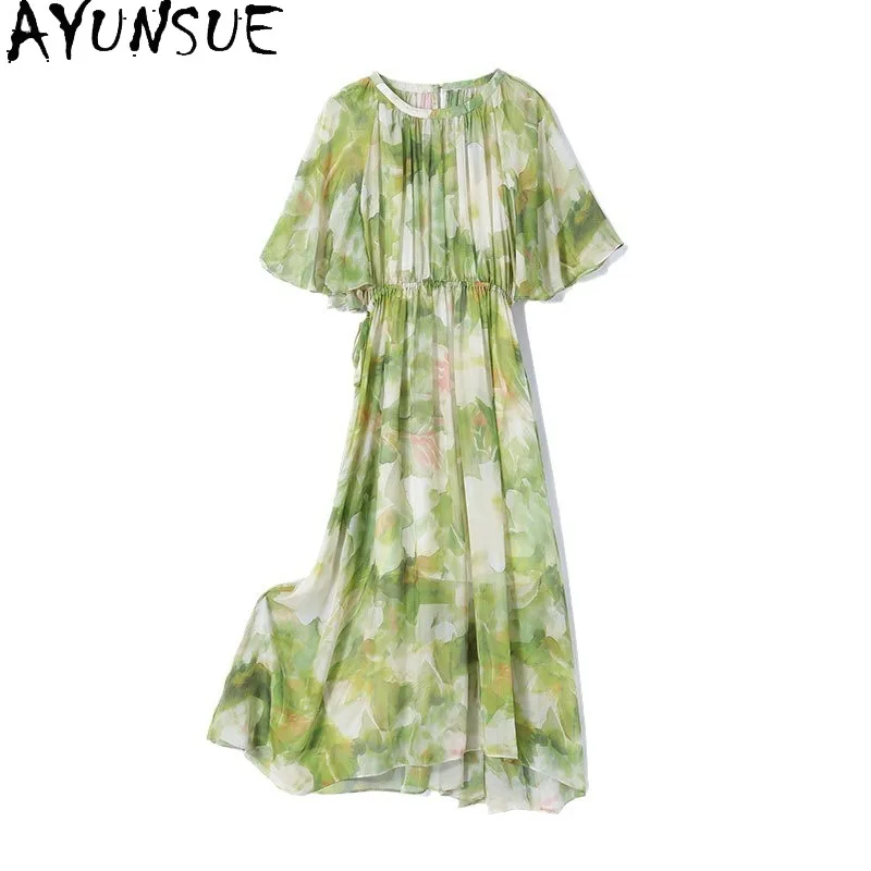 AYUNSUE 100% ผ้าไหมหม่อนแท้ชุดสตรี 2025 Elegantชุดผู้หญิงฤดูร้อนเสื้อผ้าLong Beach Dres Vestido De Mujer
