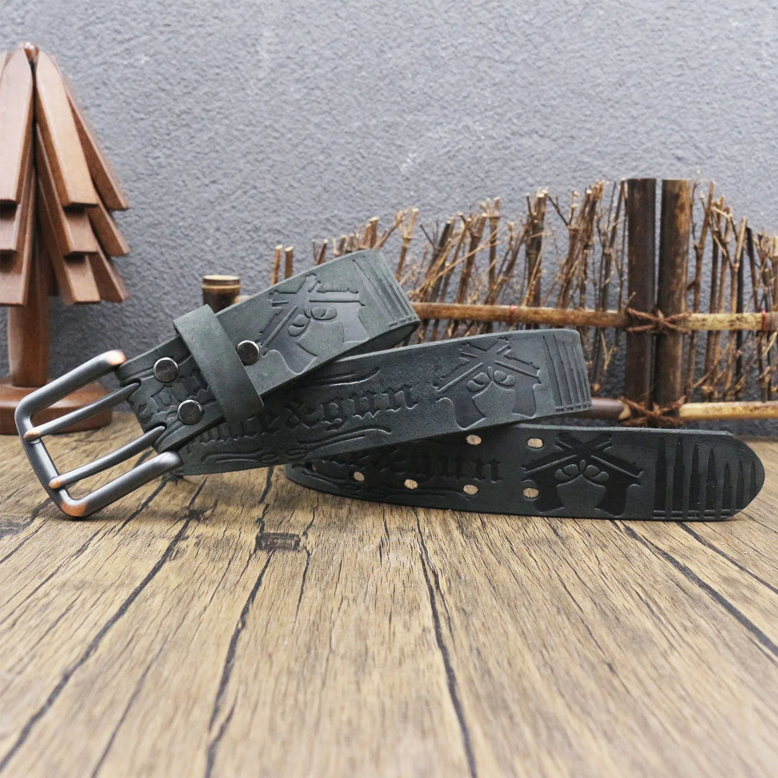 Retro Distressed Embossed Leather Belt for Men, Top Grain Cowhide, Pistol Bullet Engraved  Double Pin Buckle Trouser Belt