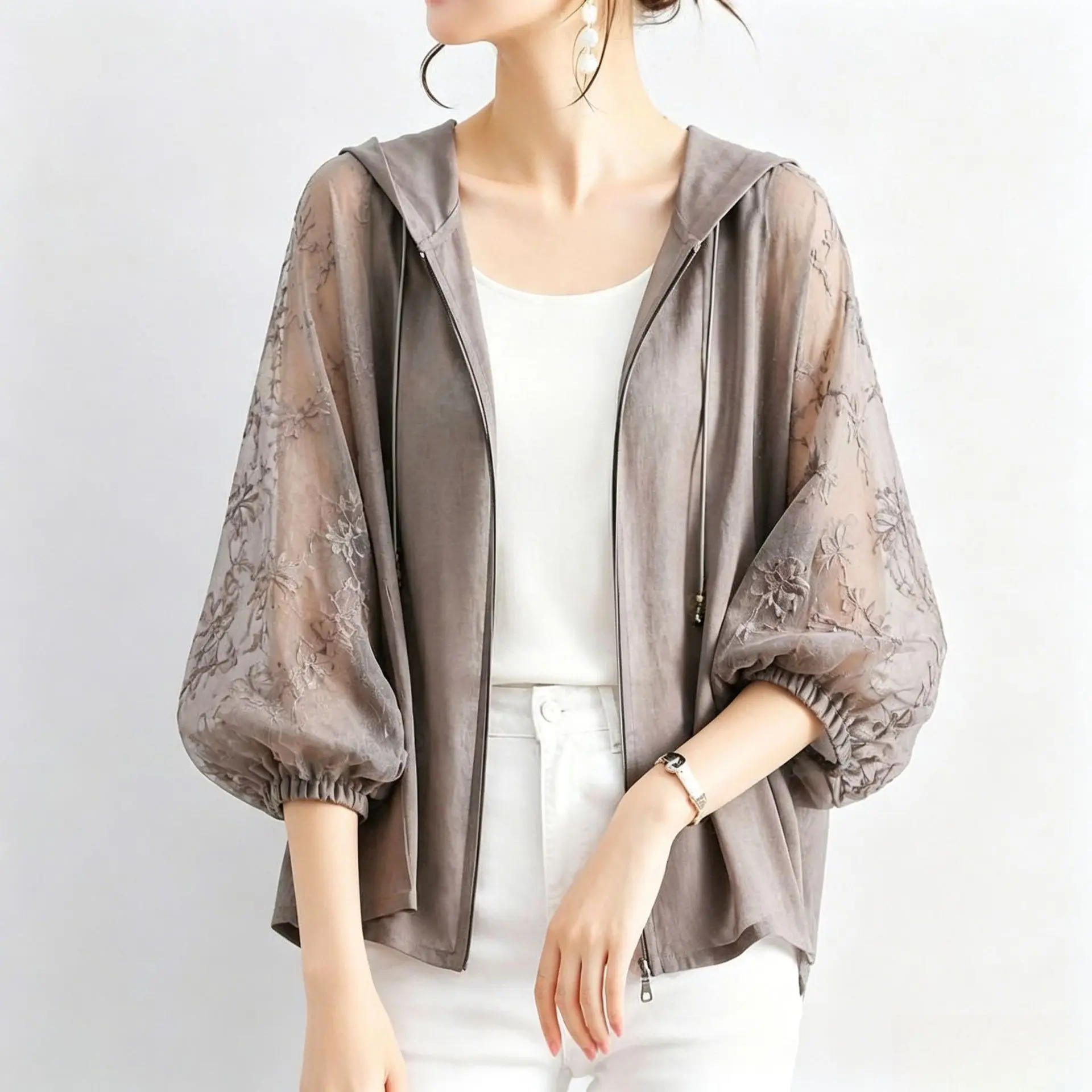 2026 Summary Hooded Zipper Embroidered Print 7/8 Sleeve Cardigan Jacket Summer Dresses 2026 Lace Midi Boho Maxi