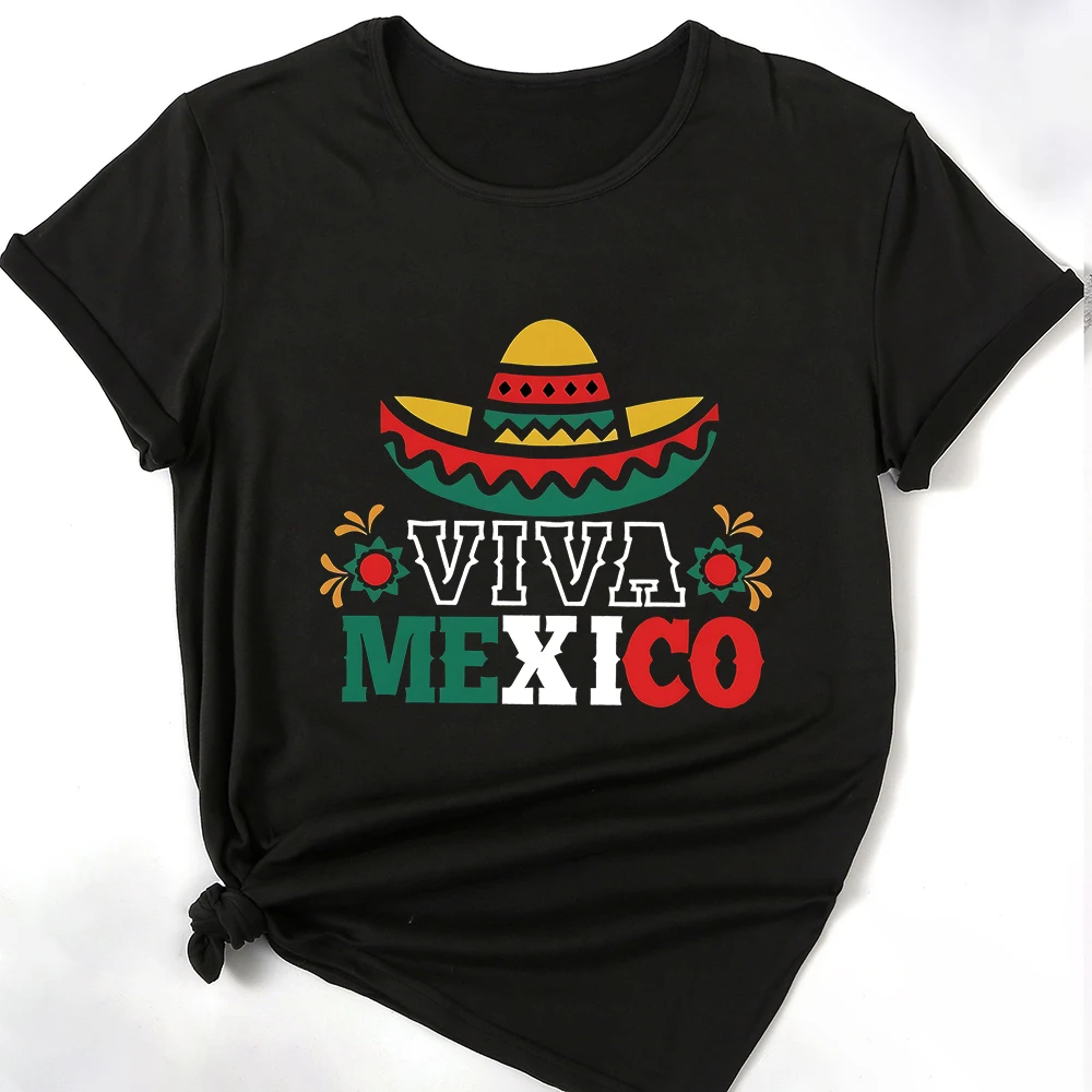 Viva Mexico Graphic Crew Neck Tee Womens Mexico Flag Graphic Running T-Shirt Independence Day Ladies T-Shirts