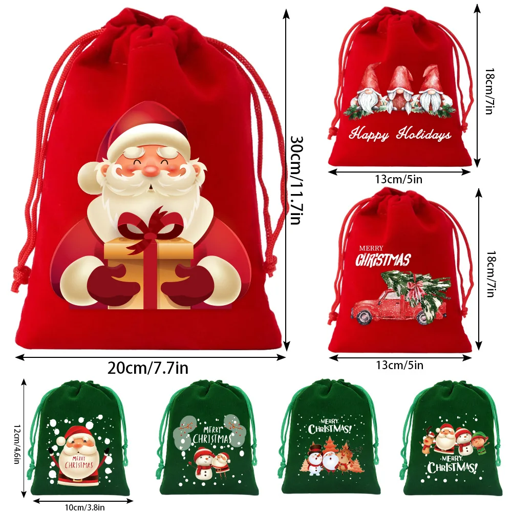 

21pcs/lot Children's Candy Gift Packaging Bags Santa Claus Christmas Tree Velvet Drawstring Pouches Mixing Colors And Sizes