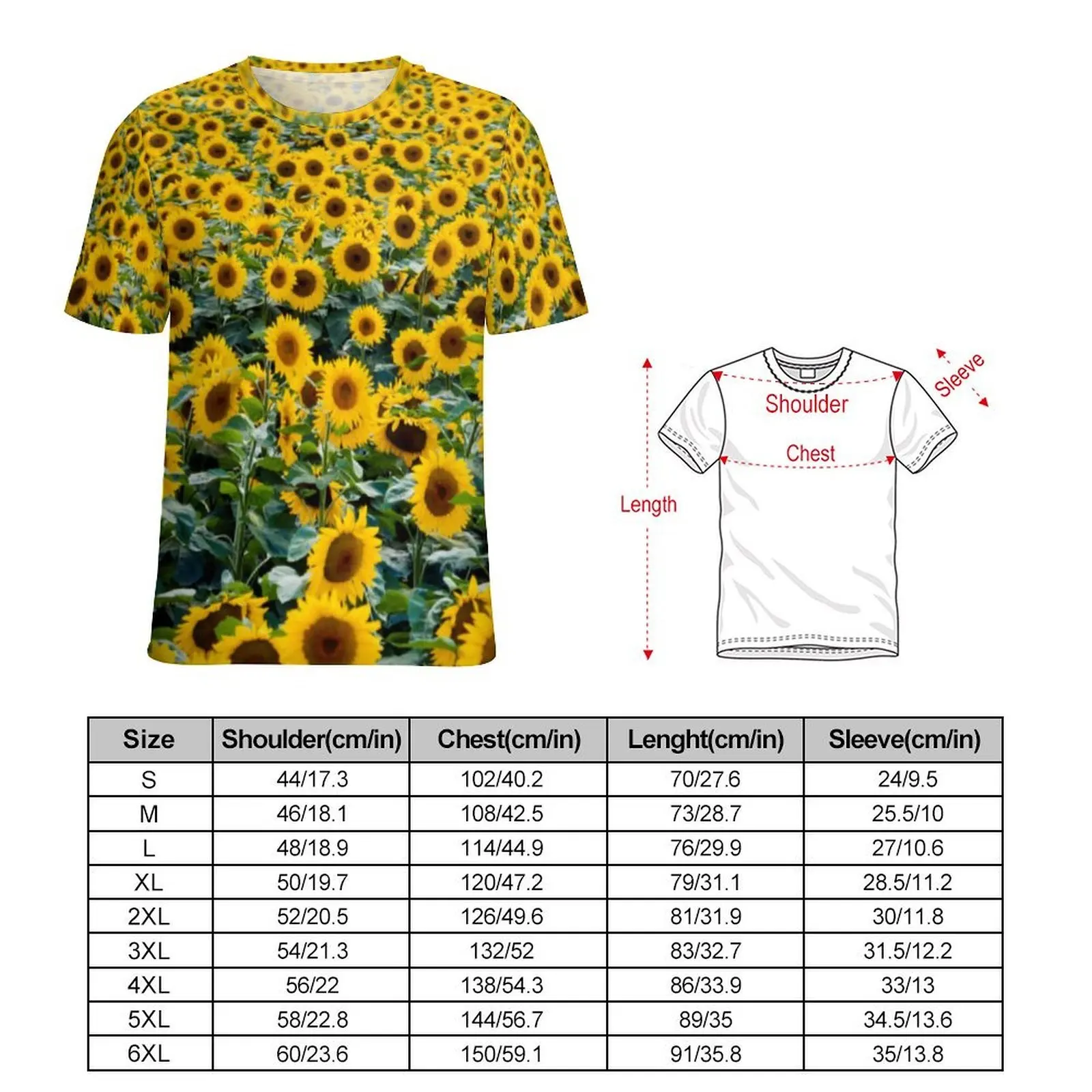 Field of Sunflower T Shirt For Man Yellow Flowers Print O Neck T Shirts Summer Novelty Tops Short-Sleeved Oversized Tee Shirt