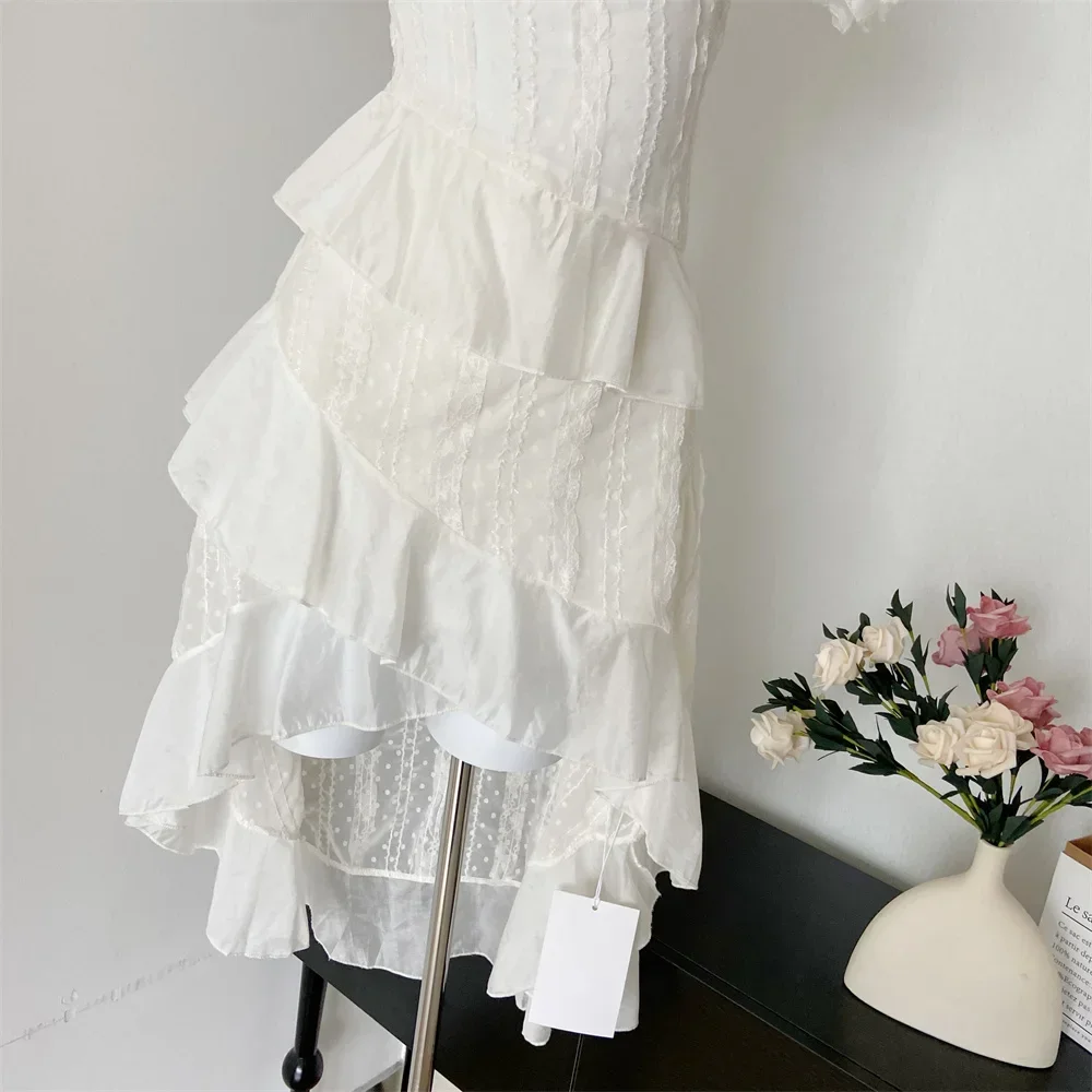 Summer Women\'s White A-line Dress Y2k Vintage Short Sleeve Square Collar Elegant Mini Dress Party Club One Piece Frocks Clothes