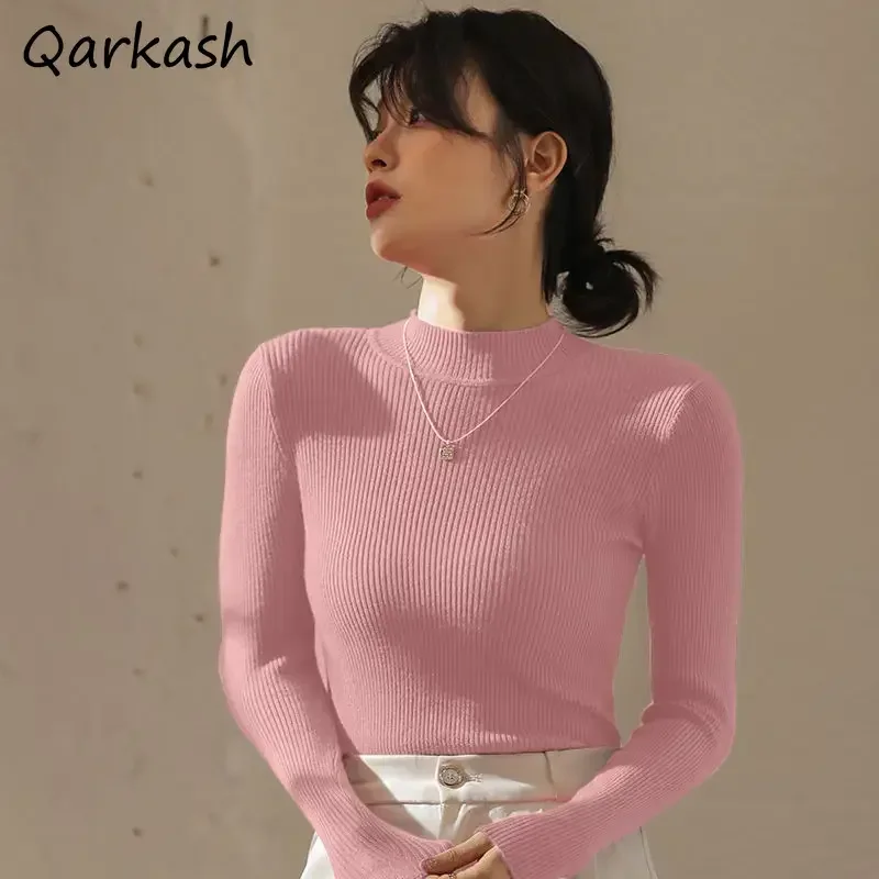 

Mock Neck Pullovers Women Pure Various Color Graceful Slim Elastic Inner Sweater Office Lady Basic Winter Cozy Sweet Long-sleeve