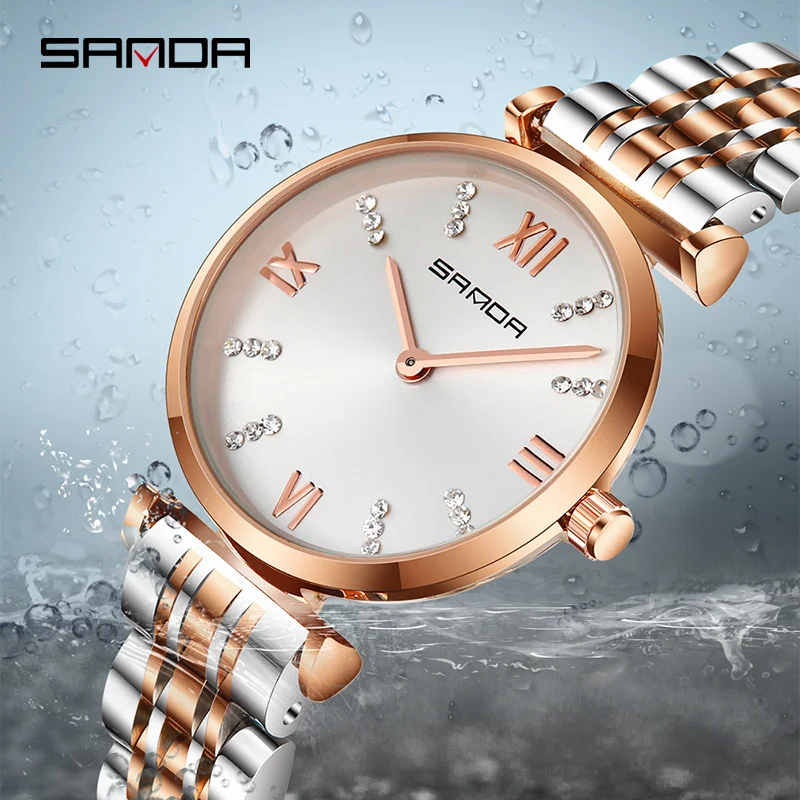 

SANDA P235 Full Steel Women Watch Charming Crystals Decoration Roman Numeral Dial Premium Lady Quartz Movement Relogio Feminino