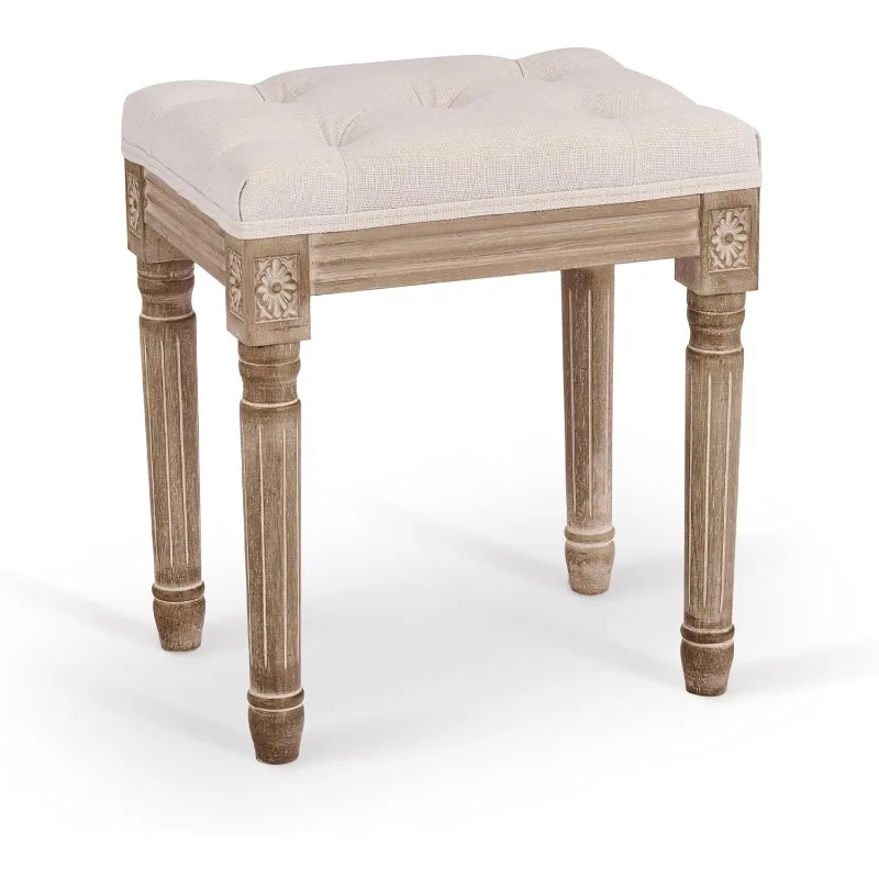 

Ottoman Stool, 18.5 in High, Beige, with Padded Seat, Wood Frame, Button Tufted, for Dining, Living Room, Bedroom, Piano