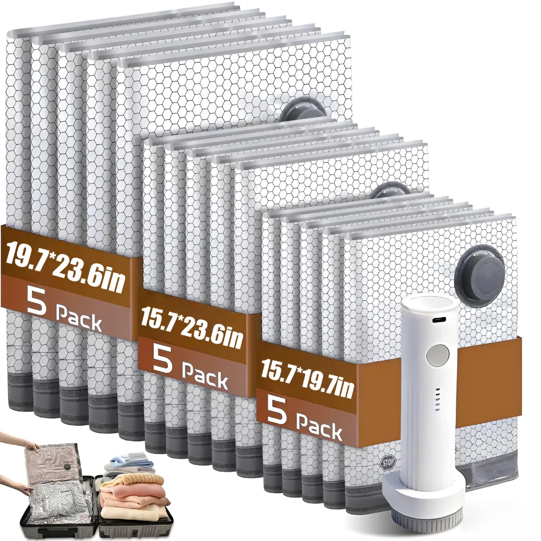 

Cordless Compression Travel Vacuum Set 15 Pack -Vacuum Bags for Travel with Rechargeable air Pump,for Luggage and Suitcase