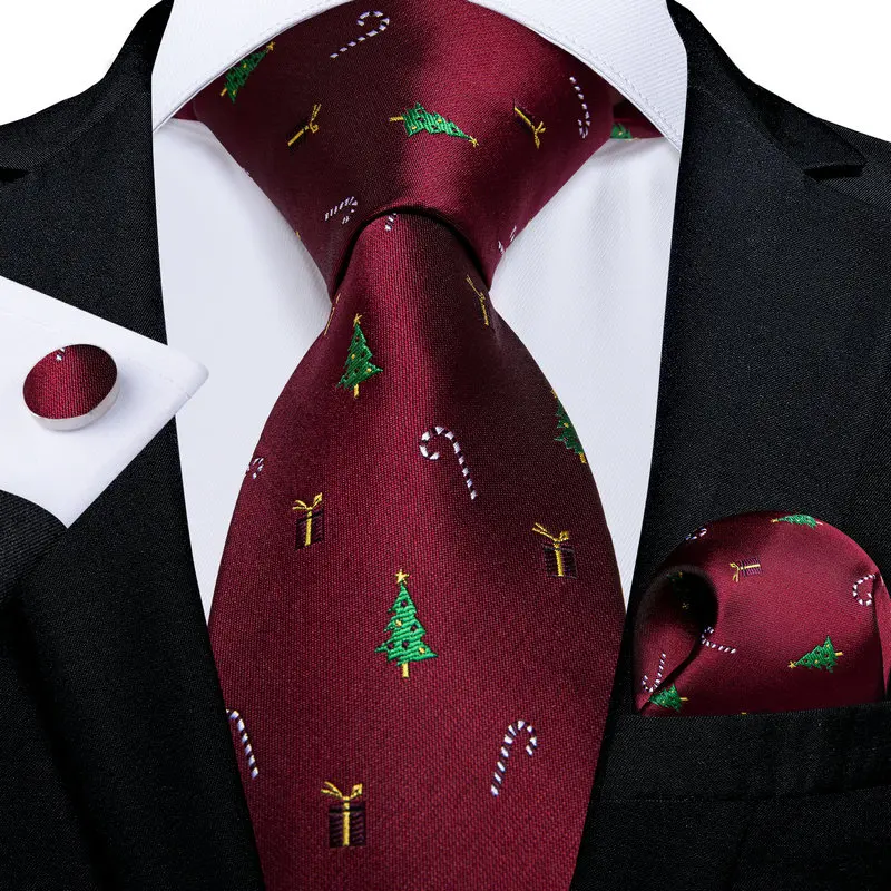 Christmas Red Tie Set 3 Pieces Men Necktie Pocket Square Cufflinks Xmas Wedding Party Suit Accessories Gifts for silk Boyfriend