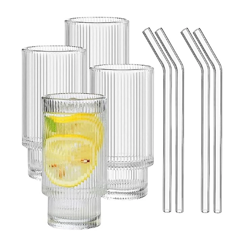 4 Set Ribbed Glassware Vintage Drinking Glasses Stackable Glass Cup 16 Oz With Straw