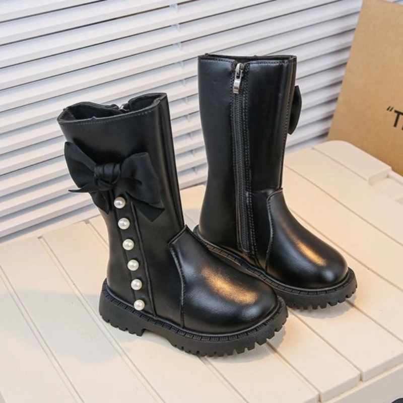 

2026 Autumn Winter Girls Mid Calf Faux Fur Lined Leather Boots Korean Style Cute Bow Fashion Boots