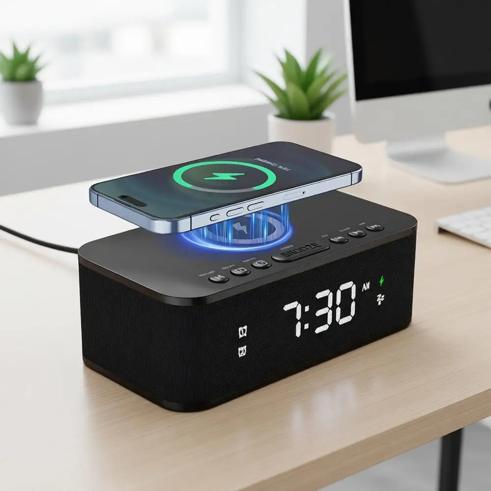 

Digital Alarm Clock White Noise, Loud Alarm Clocks Bedrooms, Alarm Clock Speaker Wireless USB Bluetooth Speaker 12/24H Dual Alar