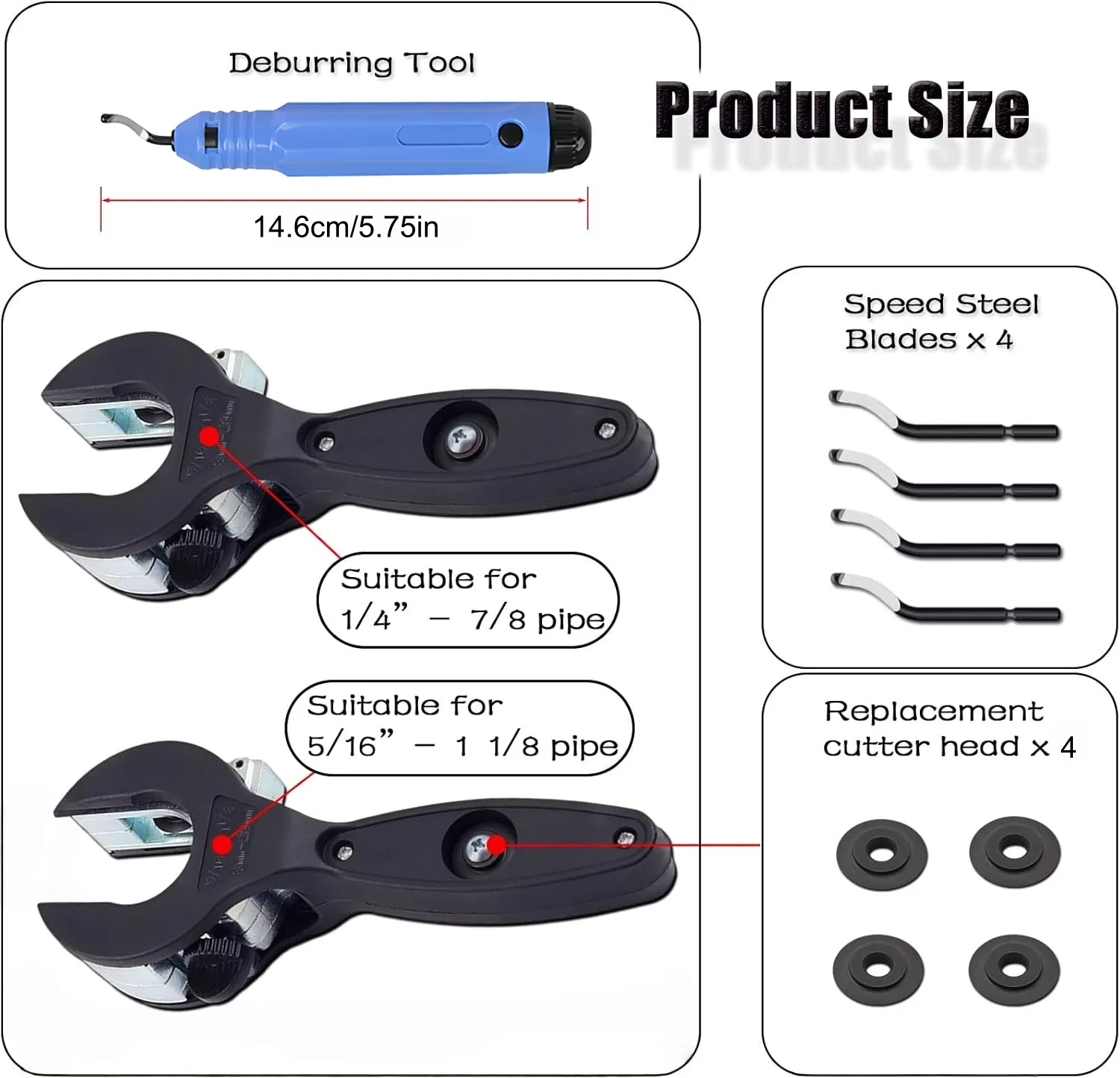 2PCS Ratcheting Tubing Cutters 1/4' to 7/8' & 5/16' to 1 1/8' 2 in 1-360° Close Quarters Tube Compact Cutter with Deburring Tool