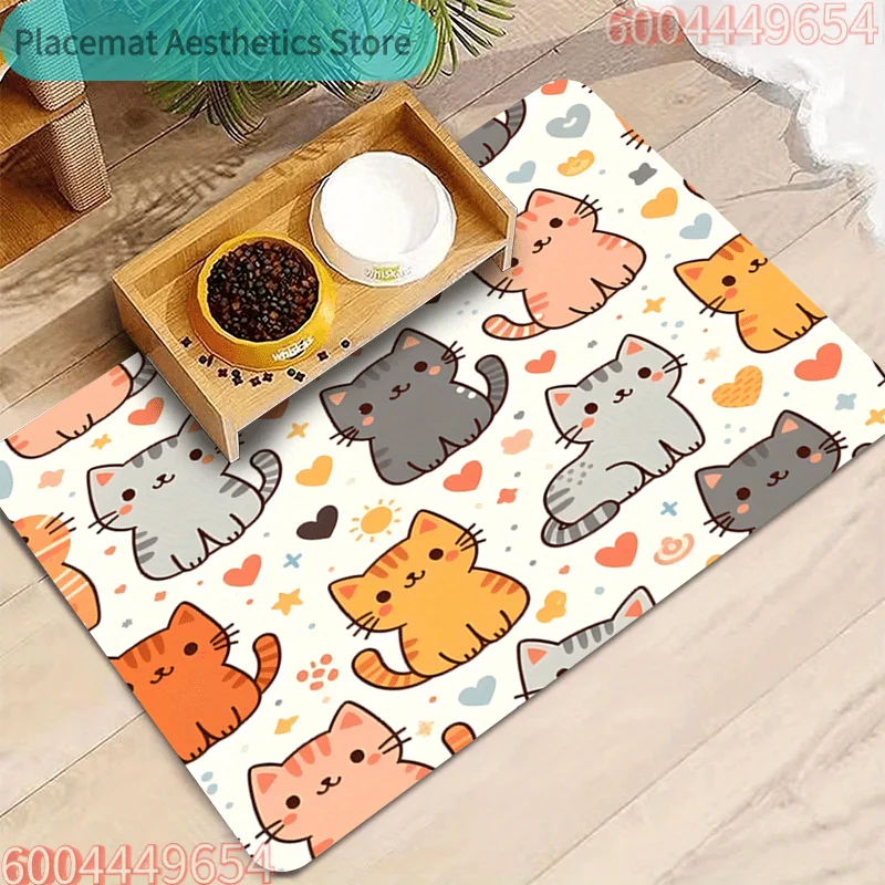Fast-Drying Waterproof Pet Feeding Mat - Absorbent Non-Slip Durable Polyester Fabric, Cute Cartoon Cat & Heart Design, Washable