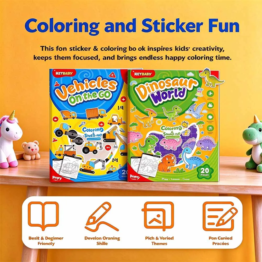 Kids Coloring Book with Stickers - Vehicles & Dinosaur Theme Activity Book for Toddlers, Preschool Art Gift