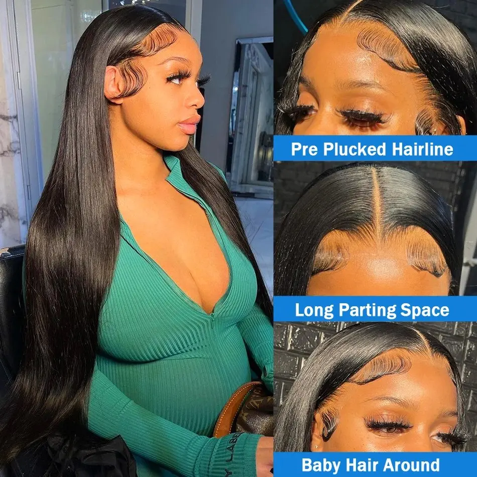 Natural Black 18 Inch 13X6 HD Lace Forehead Wig Human Hair 13x4 Straight Women's Pre-Plucked Closure 180 Density