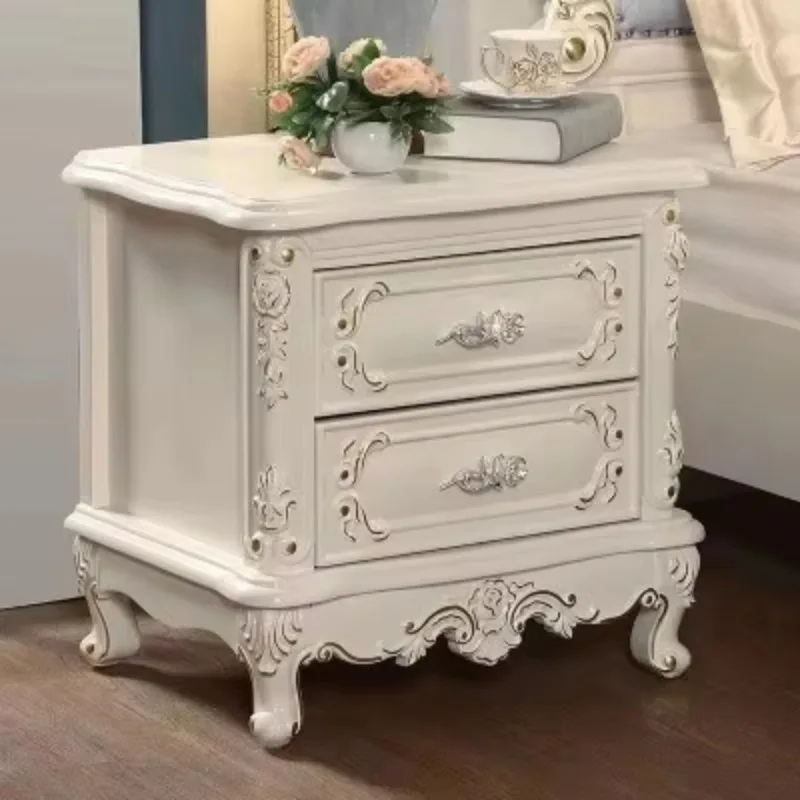 European White Carved Nightstand 2 Drawer Vintage Floral Embossed Bedside Table American Bedroom Storage Cabinet