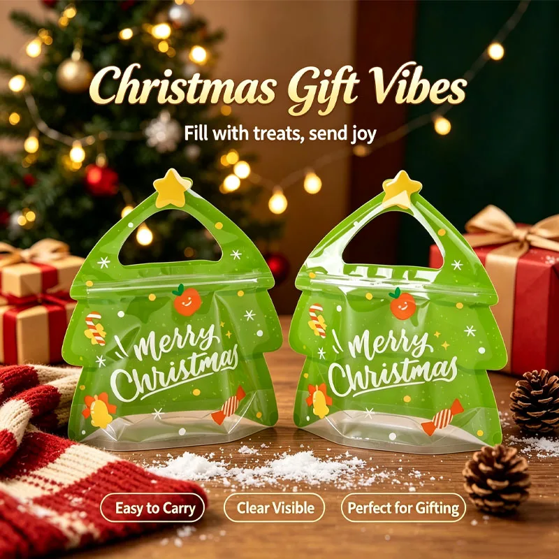 10-80PCS Christmas Resealable Cookie Chocolate Bags Ziplock Reusable Candy Pouches for Holiday Party Favors Snack Gift Packaging
