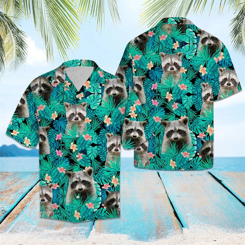 

Cute Raccoon Pattern Hawaiian Shirts For Men Summer Fashion Beach Vacation 3D Animal Printed Shirt Casual Oversized Lapel Blouse