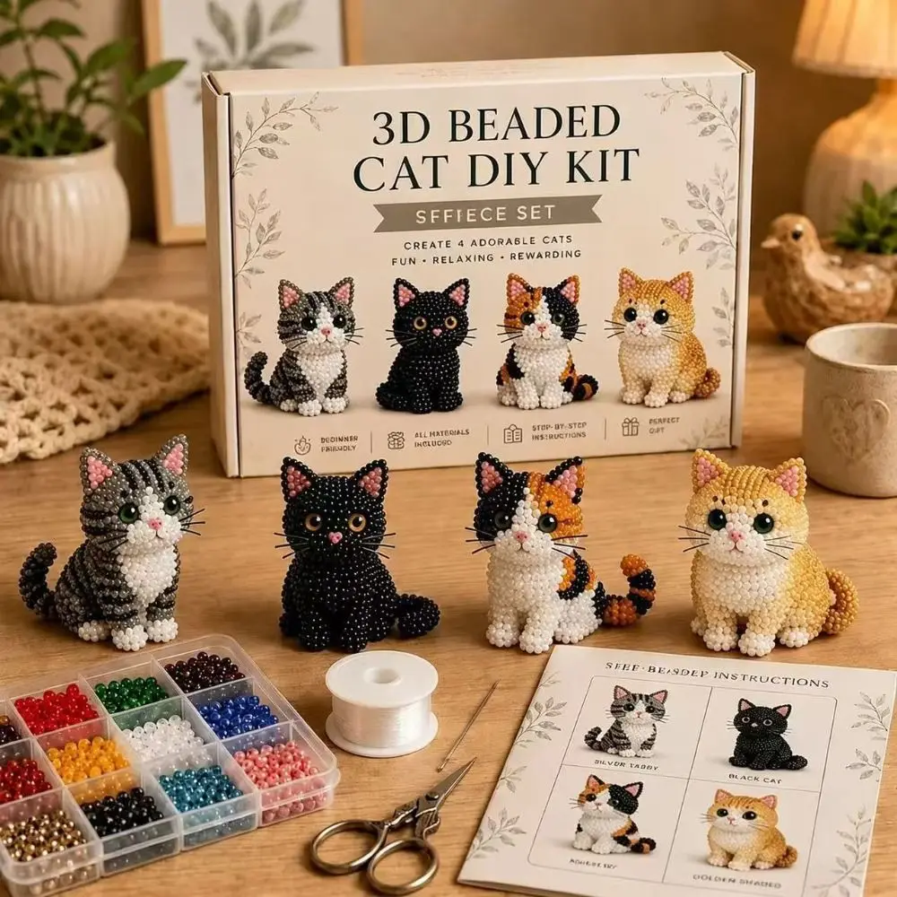 Handmade DIY Animal Bead Embroidery Kit Colorful Tiny 3D Bead Pet Keychain Making Kit Cat Educational Beadwork Art Craft Set