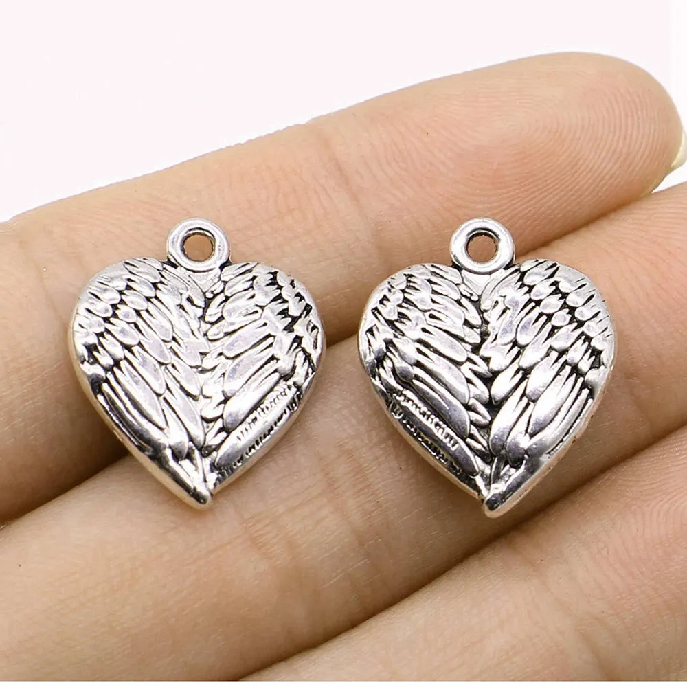 3pcs/lot 17x21mm 3D Angel Wings Heart Charms For Jewelry Making Antique Silver Color 0.67x0.83inch