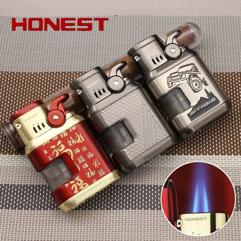 

HONEST High End Double Flame Cigar Lighter Metal Windproof Perspective Window Inflatable Lighter Men's Smoking Gift
