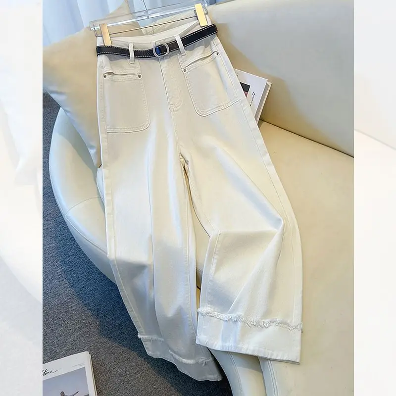 

White Wide Leg Jeans Women's Summer Thin High Waist Frayed Short Straight Cut Denim Pants High Waist Straight Leg Jeans