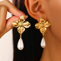 Vintage Stainless Steel Flower Pearls Dangle Earrings for Women Non Fading Metal Earrings Allergy Resistant Jewelry Accessories