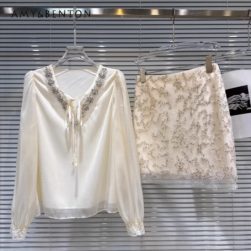 

French Design Elegant V-Neck Nail Diamond Collar Women's Blouse 2026 Spring Apricot Sequin Embroider A-line Skirt Suit Ladies