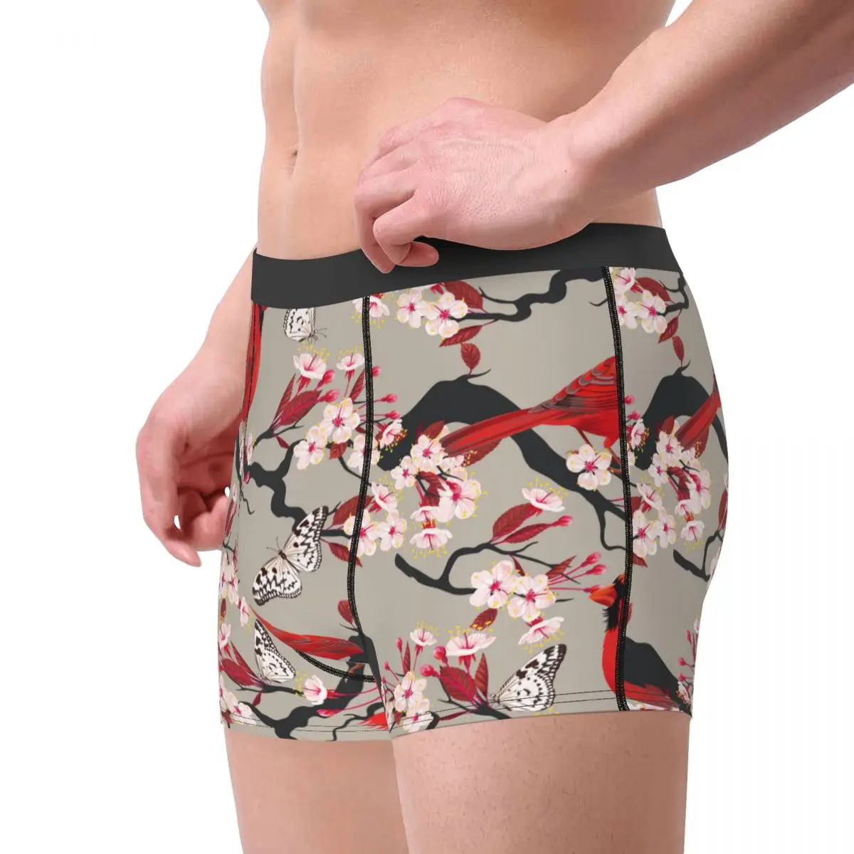 Men's Colorful Cardinal And Blooming Cherry Underwear Pink Flowers Sexy Boxer Briefs Shorts Panties Male Underpants Plus Size