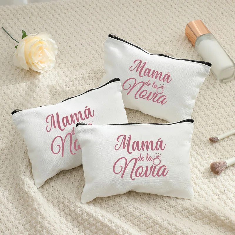 

Reusable Mother of the Bride Canvas Zipper Bag, "Mamá de la Novia" Print Makeup & Accessory Pouch