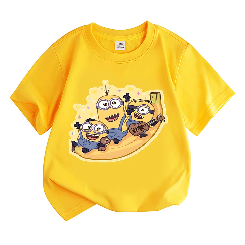 

New Kids Summer Cotton T-shirt Cartoon Minions Play Guitar Printed Round Neck Tee-Shirt Boys Girls Comfortable Top Short Sleeve
