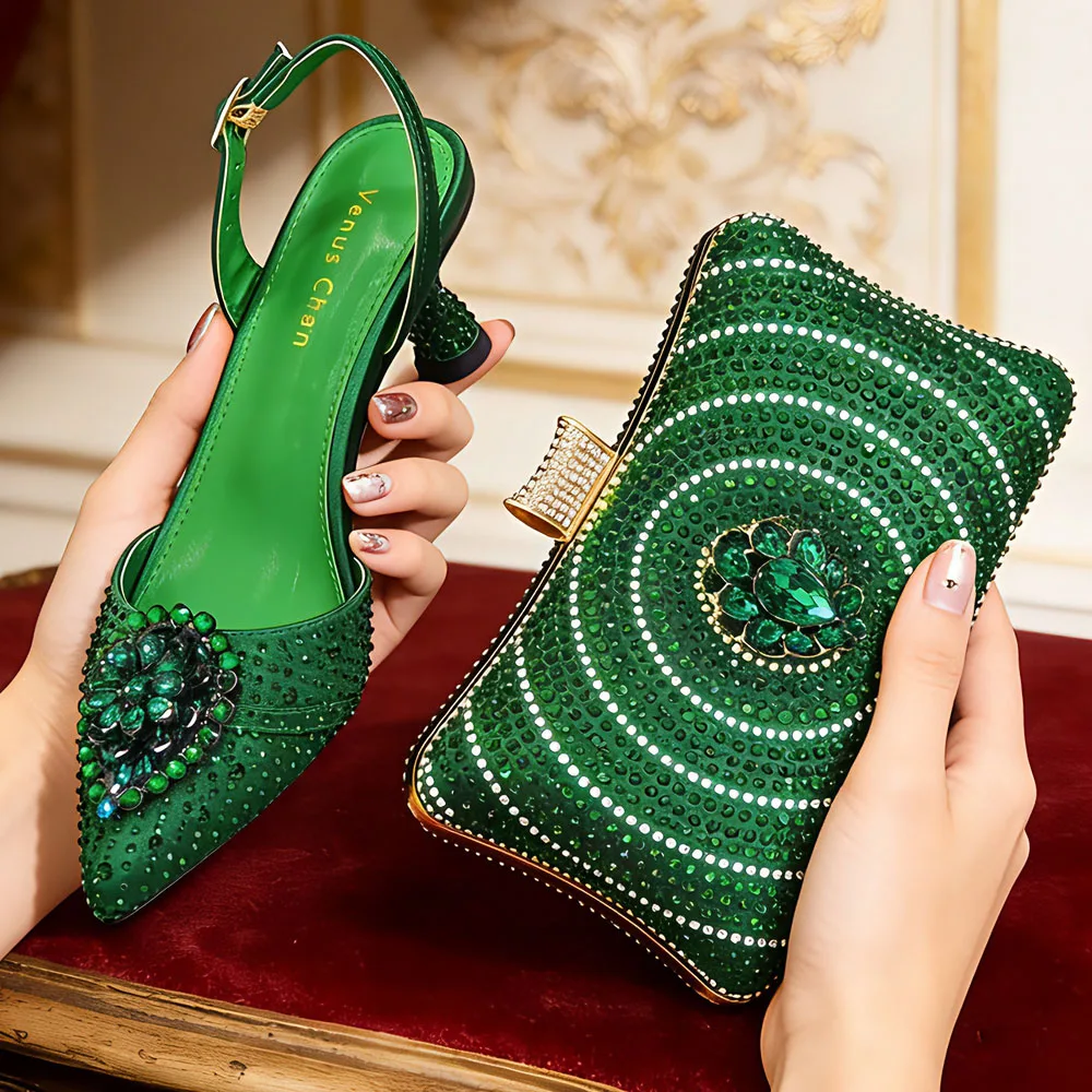 

Newest INS Style Green Color Rhinestone Elegant High Heels Nigeria Popular Design African Ladies Shoes And Bag Set