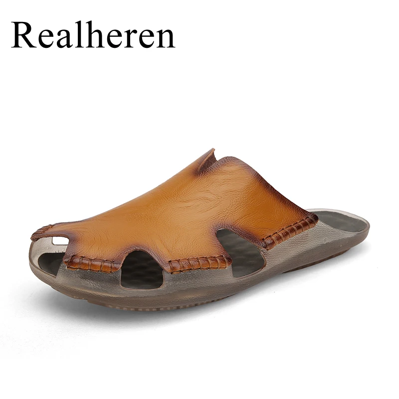 Men Leather Flat Slides Slippers Outdoor Indoor Home House Slip On Sandals Summer Shoes Big Size 47 48