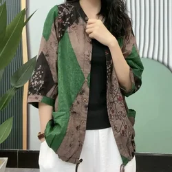 Spring Summer Korean Version Ladies Linen Shirt Jacket Cotton Loose Coat Thin Middle-aged Women Plus Size Single-breasted Retro