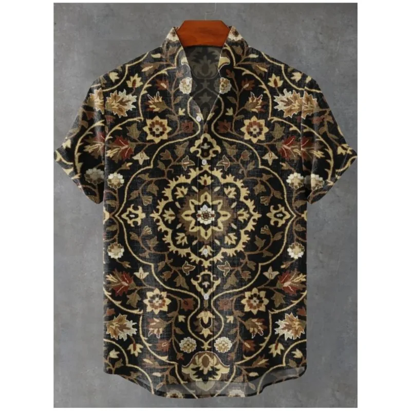 New Men's Floral Shirt Casual Short Sleeve Linen Shirt High Art Printed Shirts Comfortable Breathable Fabric Ropa Para Hombre