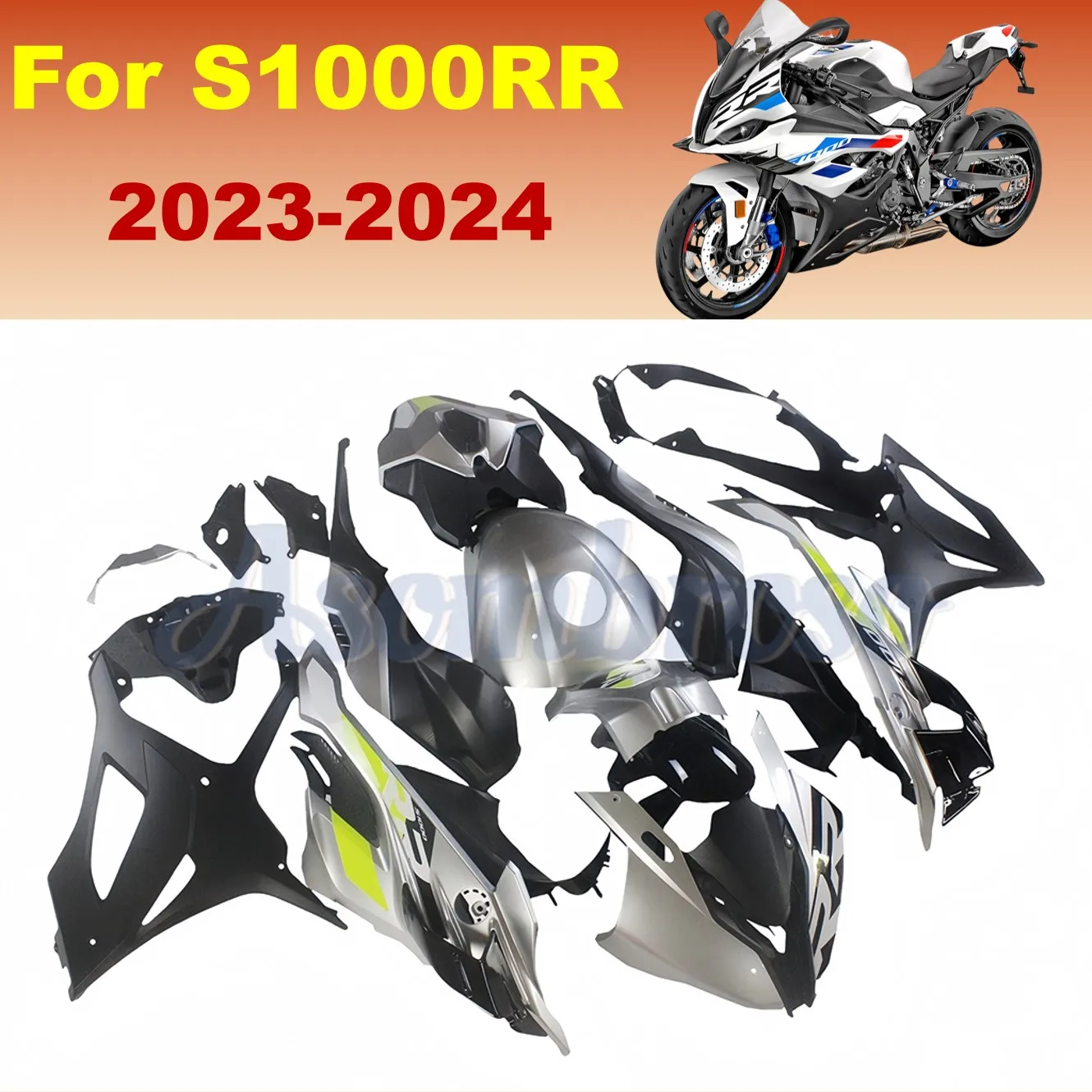 Silvery Black fairings kit for For S1000RR 2023 2024 Moto Part full cowling S1000 RR floral lines in yellow